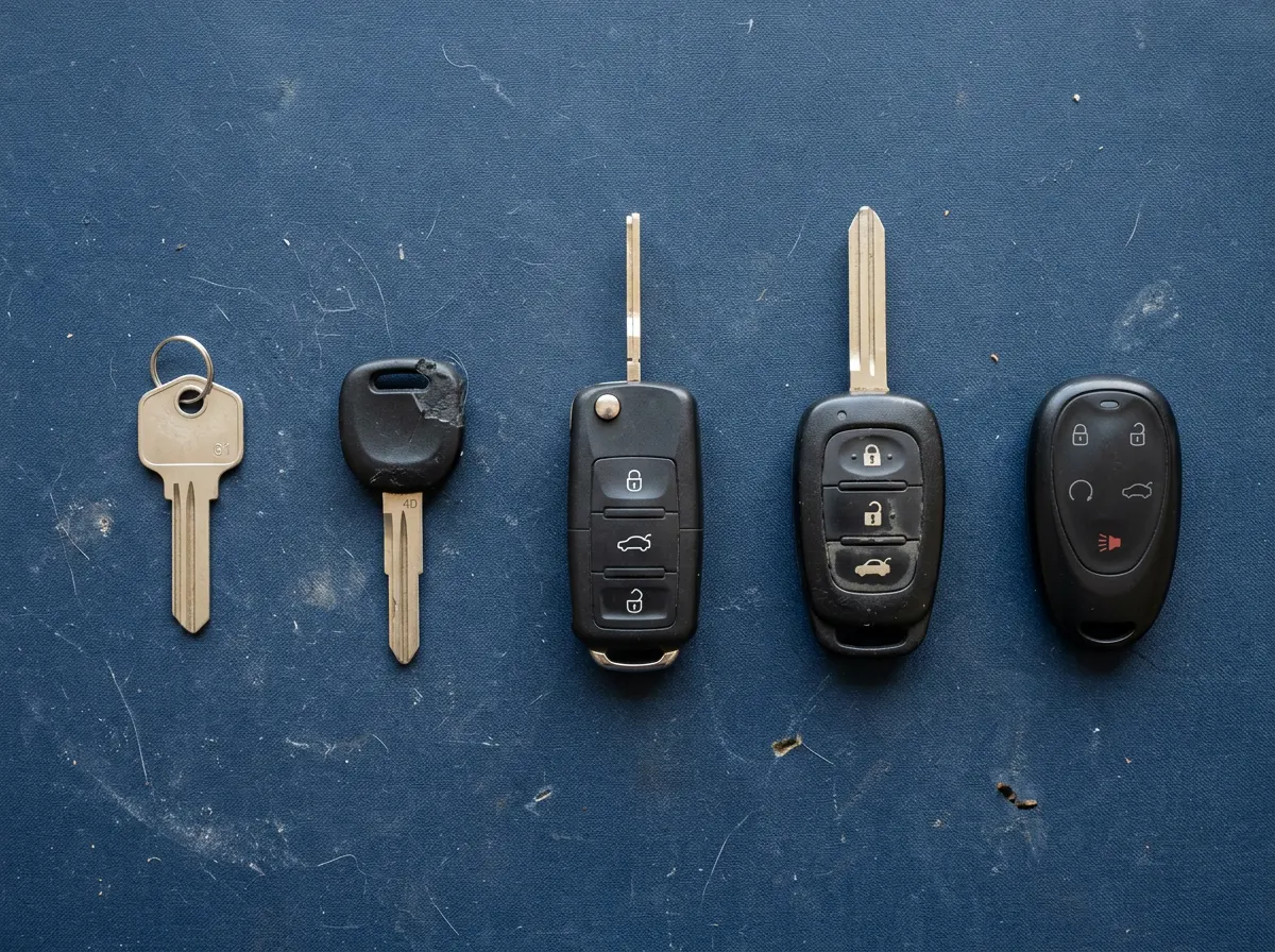 Assorted car keys and fobs laid out on a workbench mat