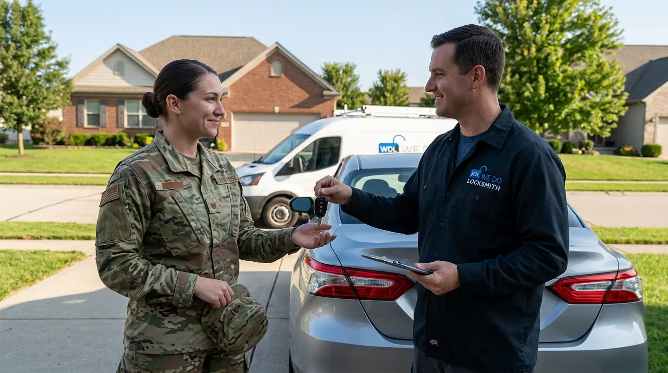 Service member receiving car keys from a technician in a driveway