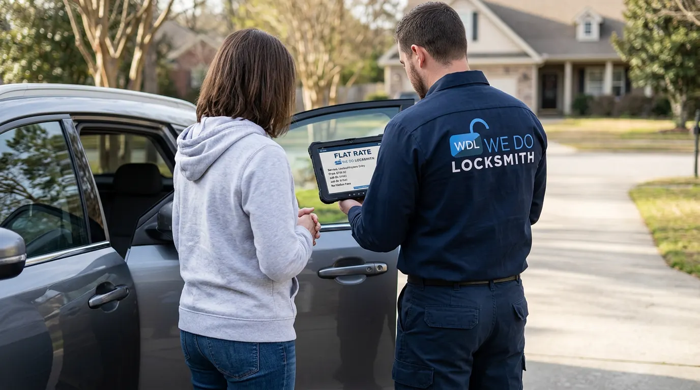 Technician showing a flat-rate quote on a tablet to a customer at the car